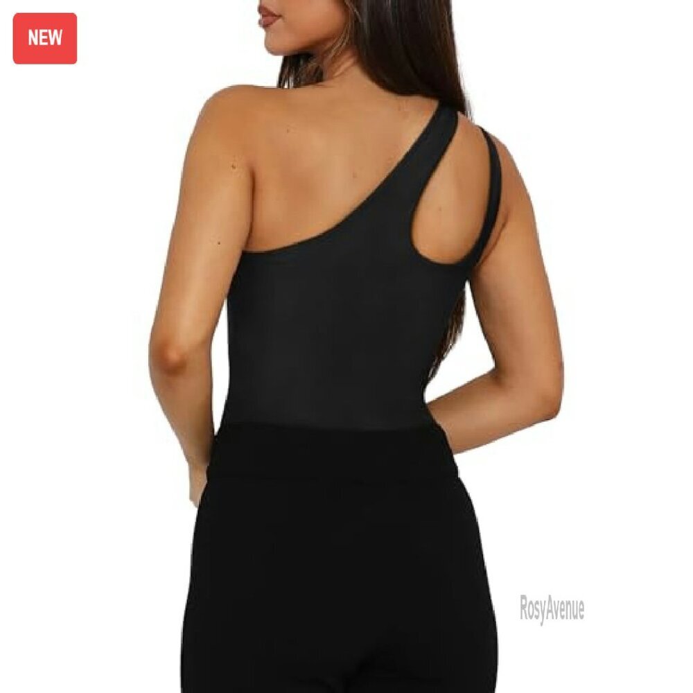 One Shoulder Plunge V Backless Bodysuit Tank Top Slimming Double Lined - Picture 3 of 8